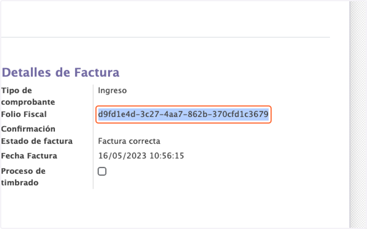 Copiar el Folio Fiscal UUID de la nueva factura, en este caso: d9fd1e4d-3c27-4aa7-862b-370cfd1c3679