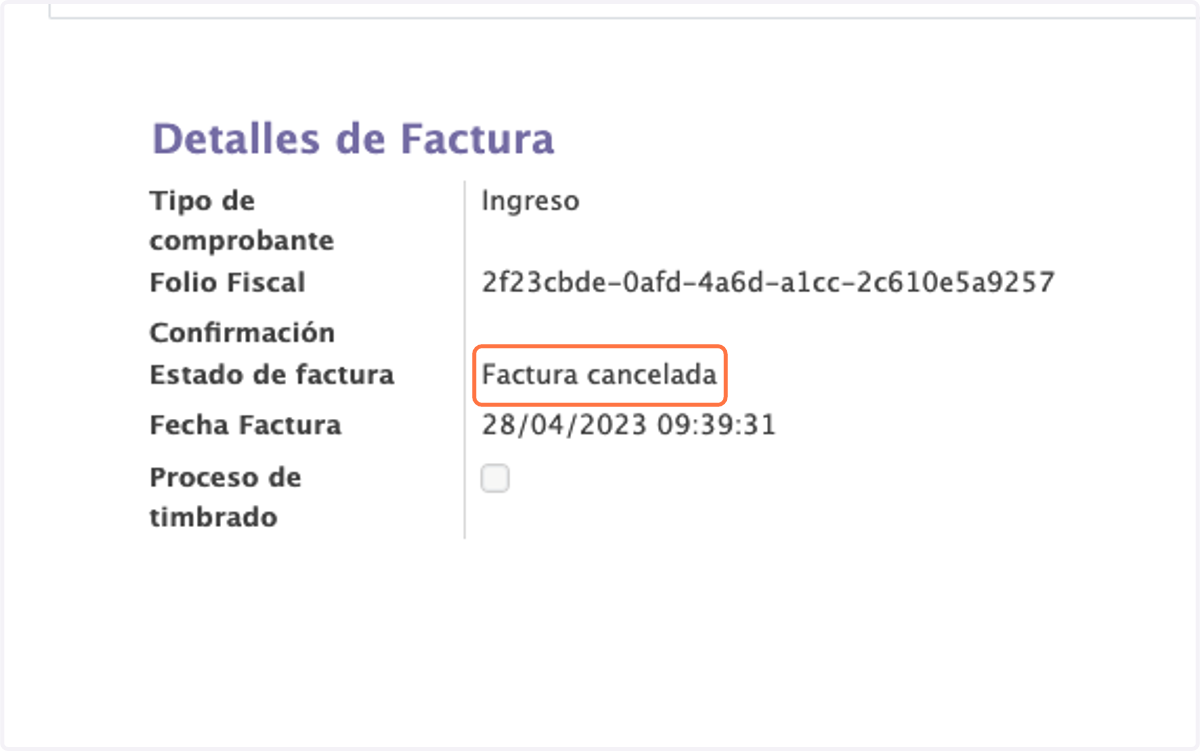 Si aparece como "factura en proceso de cancelación" es necesario esperar 72 Hrs a que el cliente acepte o niegue desde buzón tributario la cancelación, en caso de no contestar se cancelara en automático.