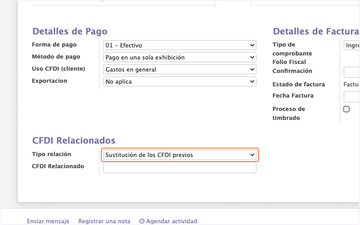 Verificamos los Datos de Pago y seleccionamos Sustitución de los CFDI previos en Tipo relación