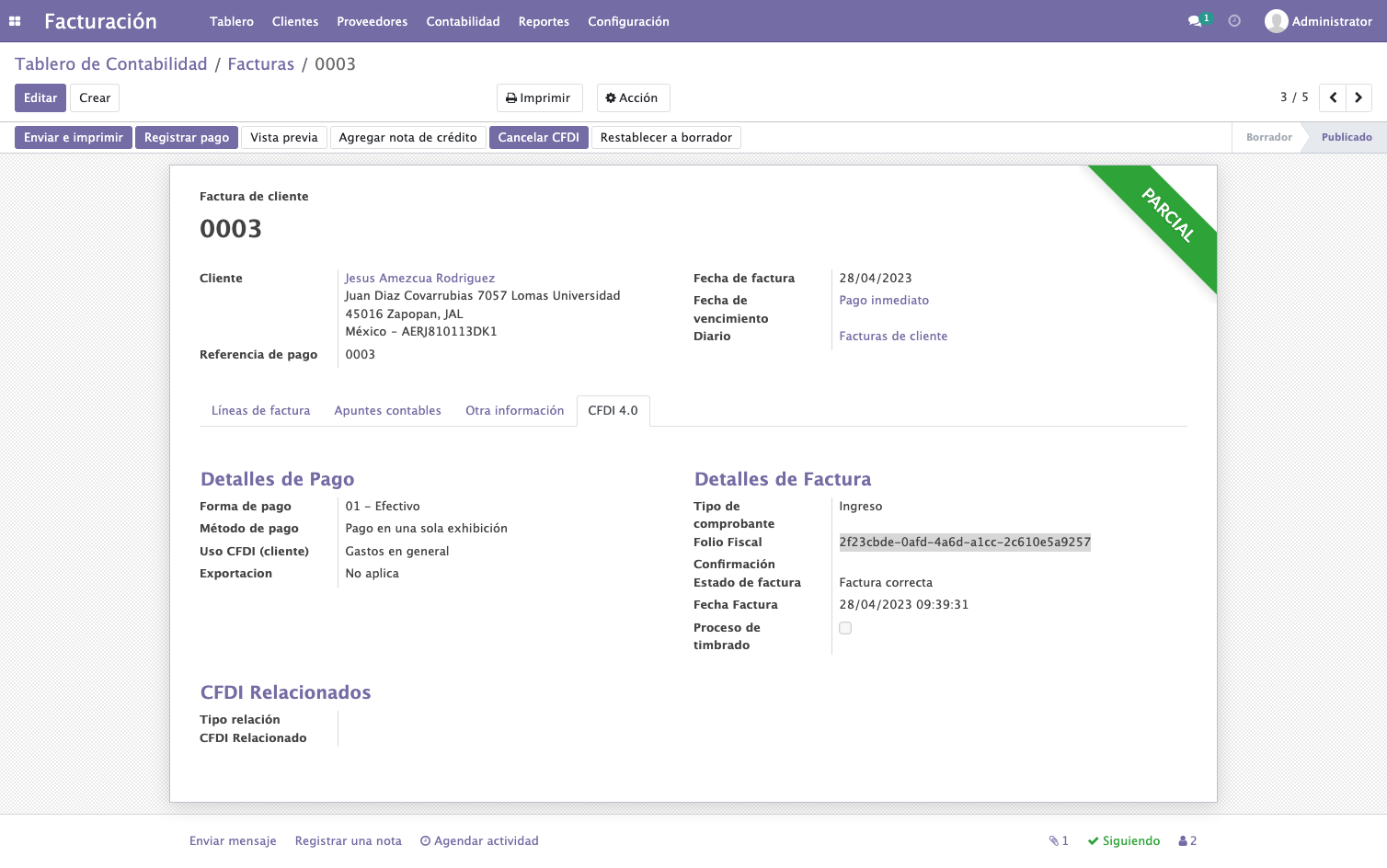 Copiamos el Folio Fiscal UUID, en este caso es: 2f23cbde-0afd-4a6d-a1cc-2c610e5a9257