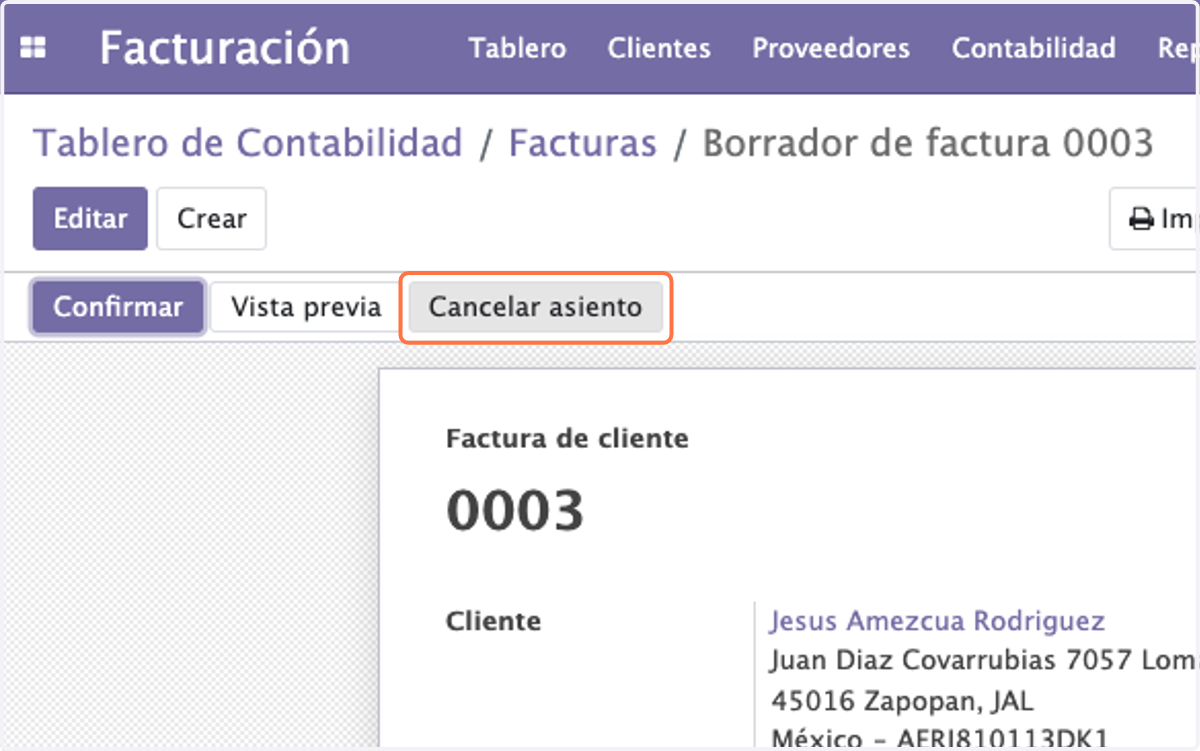 Click en Cancelar asiento para concluir nuestro proceso de cancelación
