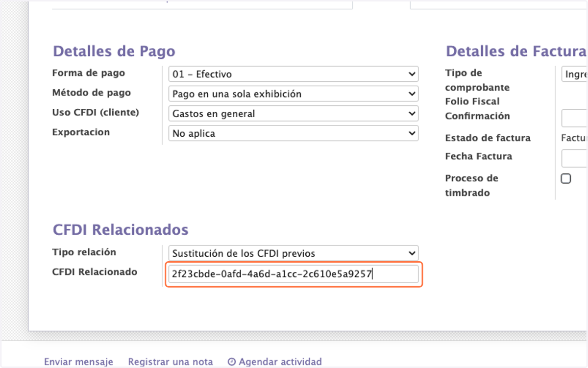 Pegamos el Folio Fiscal UUID de la factura a cancelar que previamente copiamos en el paso 6 en CFDI Relacionado perteneciente a la factura 0003 para este ejemplo