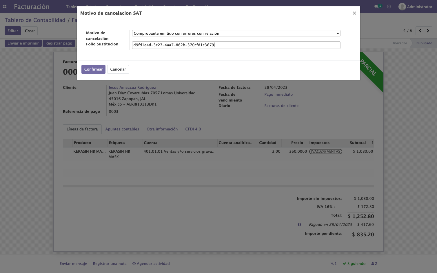 Pegamos el Folio Fiscal UUID de la nueva factura en Folio Sustitución, en este caso: d9fd1e4d-3c27-4aa7-862b-370cfd1c3679 perteneciente a la factura 0005