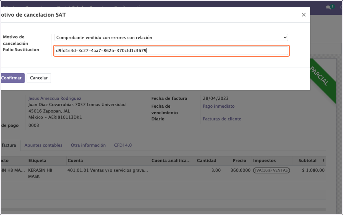 Pegamos el Folio Fiscal UUID de la nueva factura en Folio Sustitución, en este caso: d9fd1e4d-3c27-4aa7-862b-370cfd1c3679 perteneciente a la factura 0005