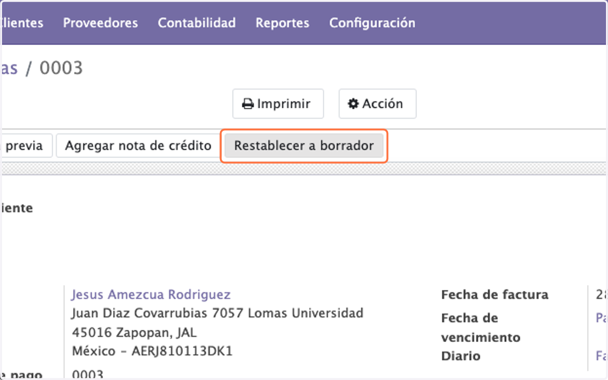 Una vez cancelado el CFDI proseguimos a la cancelación del asiento contable dando click en Restablecer a borrador