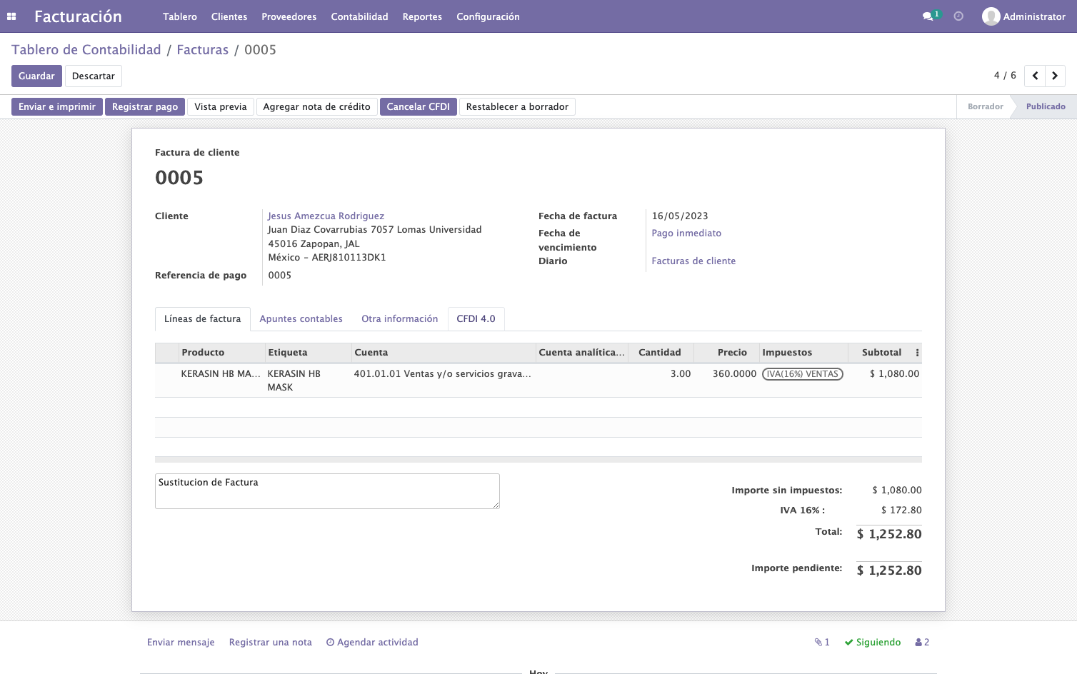Una vez generado damos click en CFDI 4.0