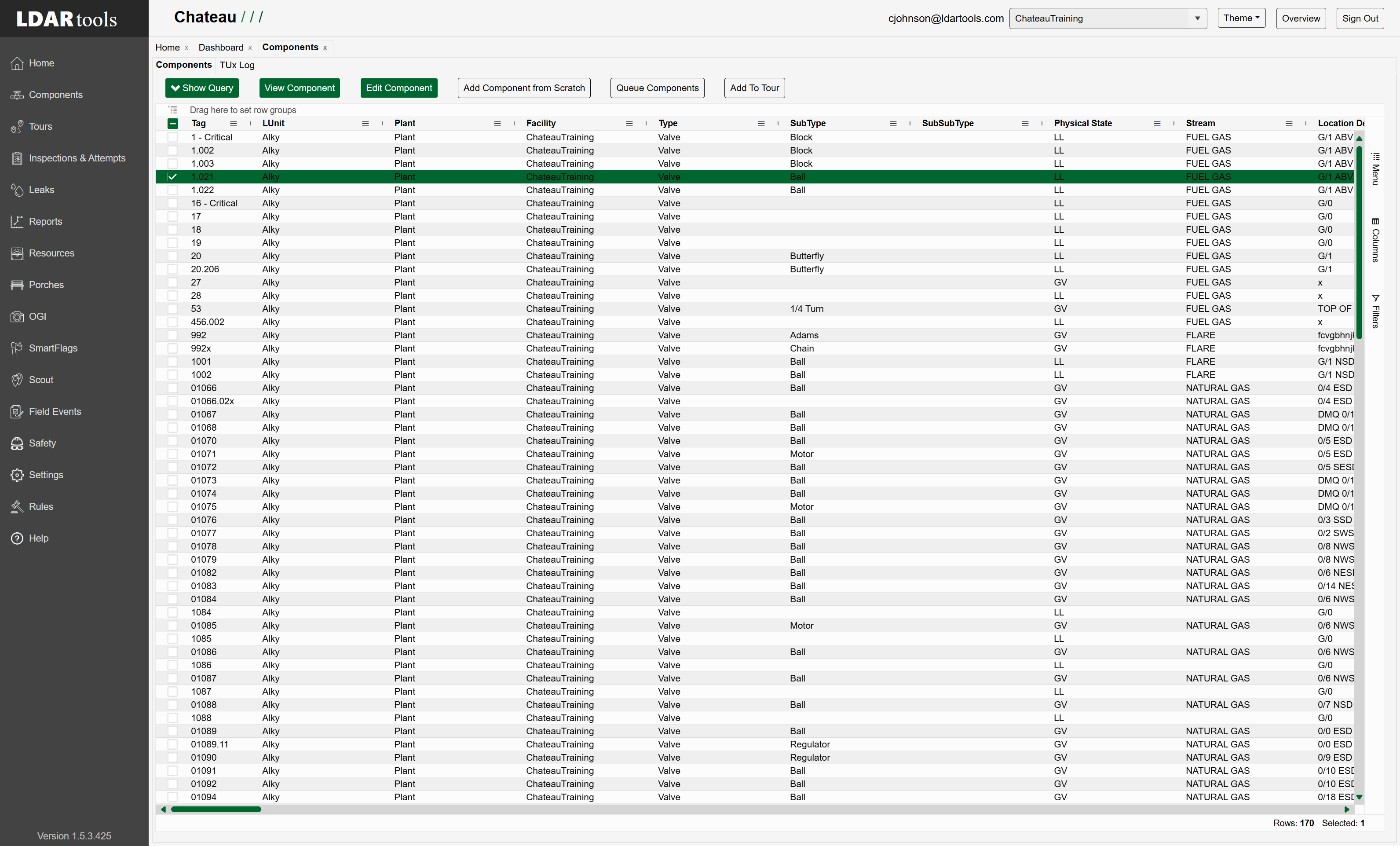 Select the row(s) that match the components you want to edit.