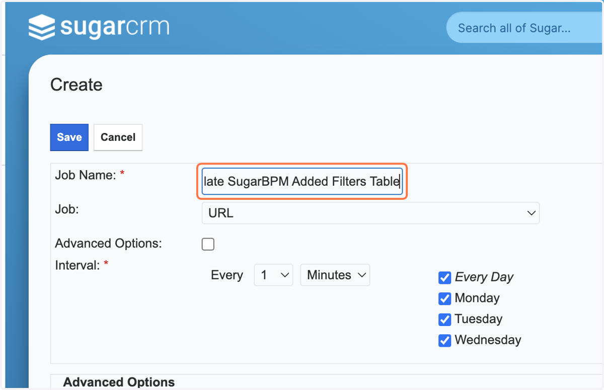 Type "Populate SugarBPM Added Filters Table" as the Job Name