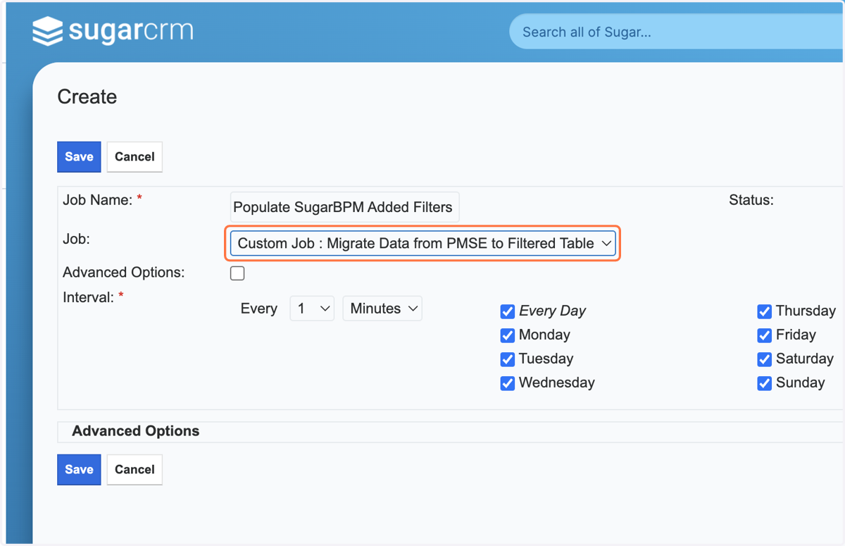 Select the Job "Custom Job : Migrate Data from PMSE to Filtered Table"