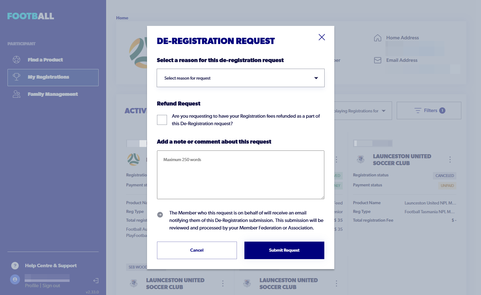 Select a reason for request