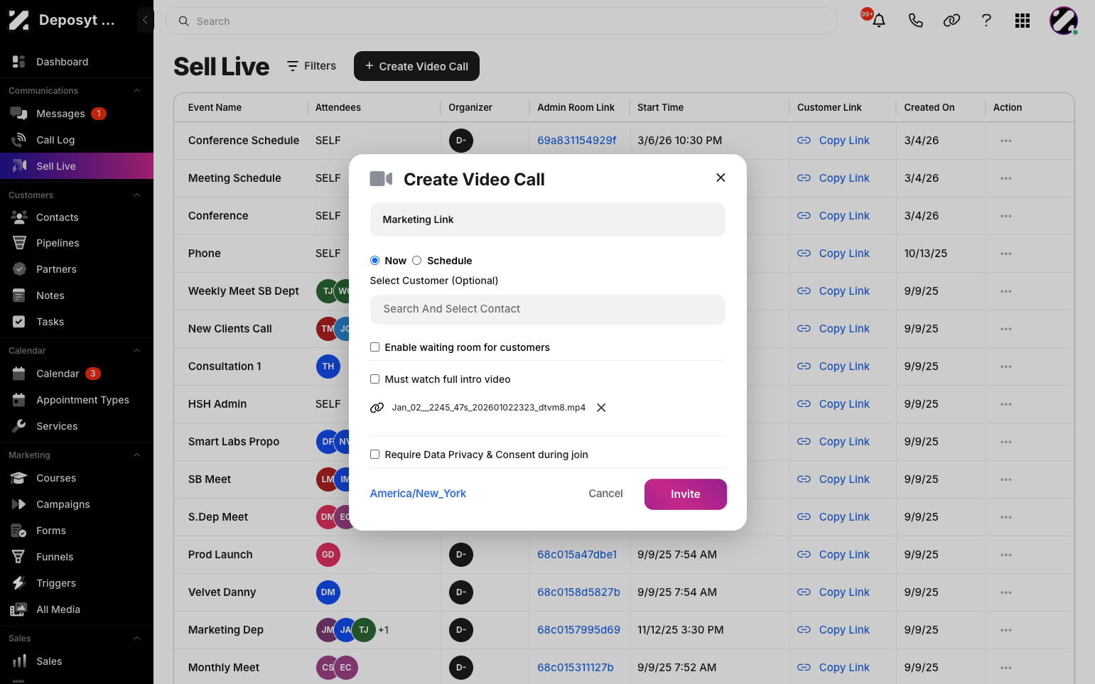 Step 7: You can also require participants to watch the full intro video and enable the ‘Require Data Privacy & Consent During Join’ option. Then, click the Invite button to create the video call link