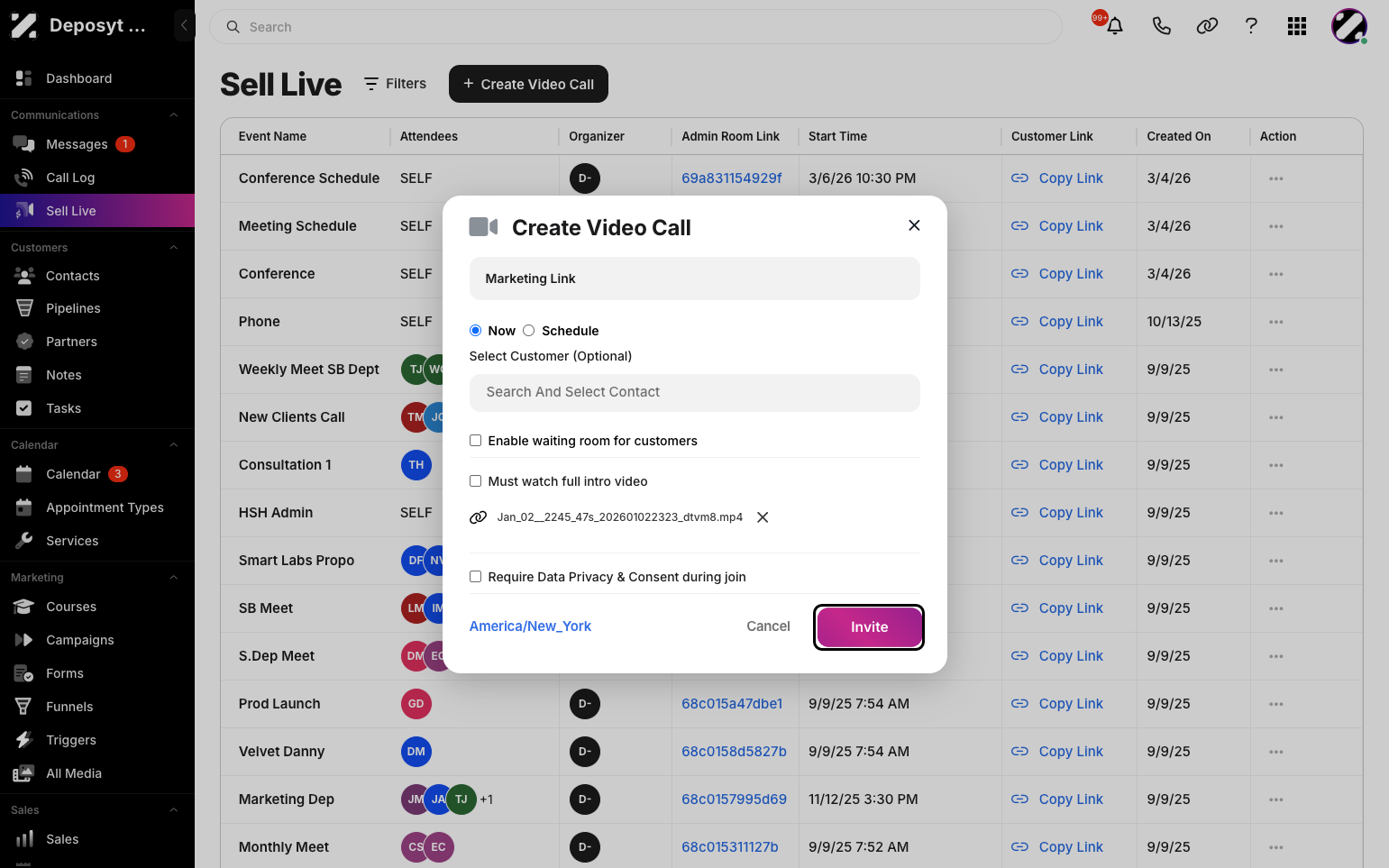 Step 7: You can also require participants to watch the full intro video and enable the ‘Require Data Privacy & Consent During Join’ option. Then, click the Invite button to create the video call link