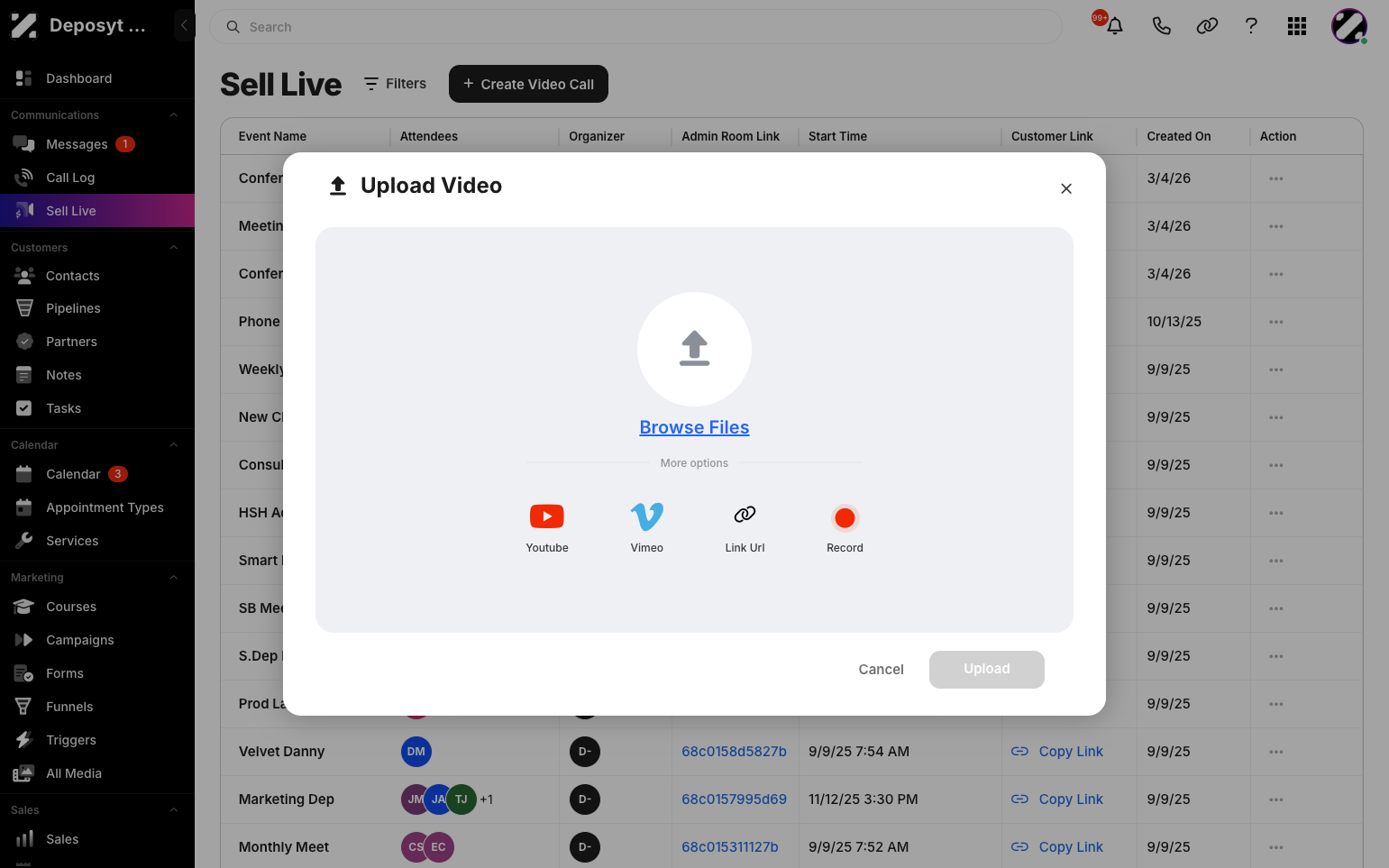 Step 5: You will now have options to browse your files, enter a YouTube or Vimeo link, provide a link URL, or record your own video.