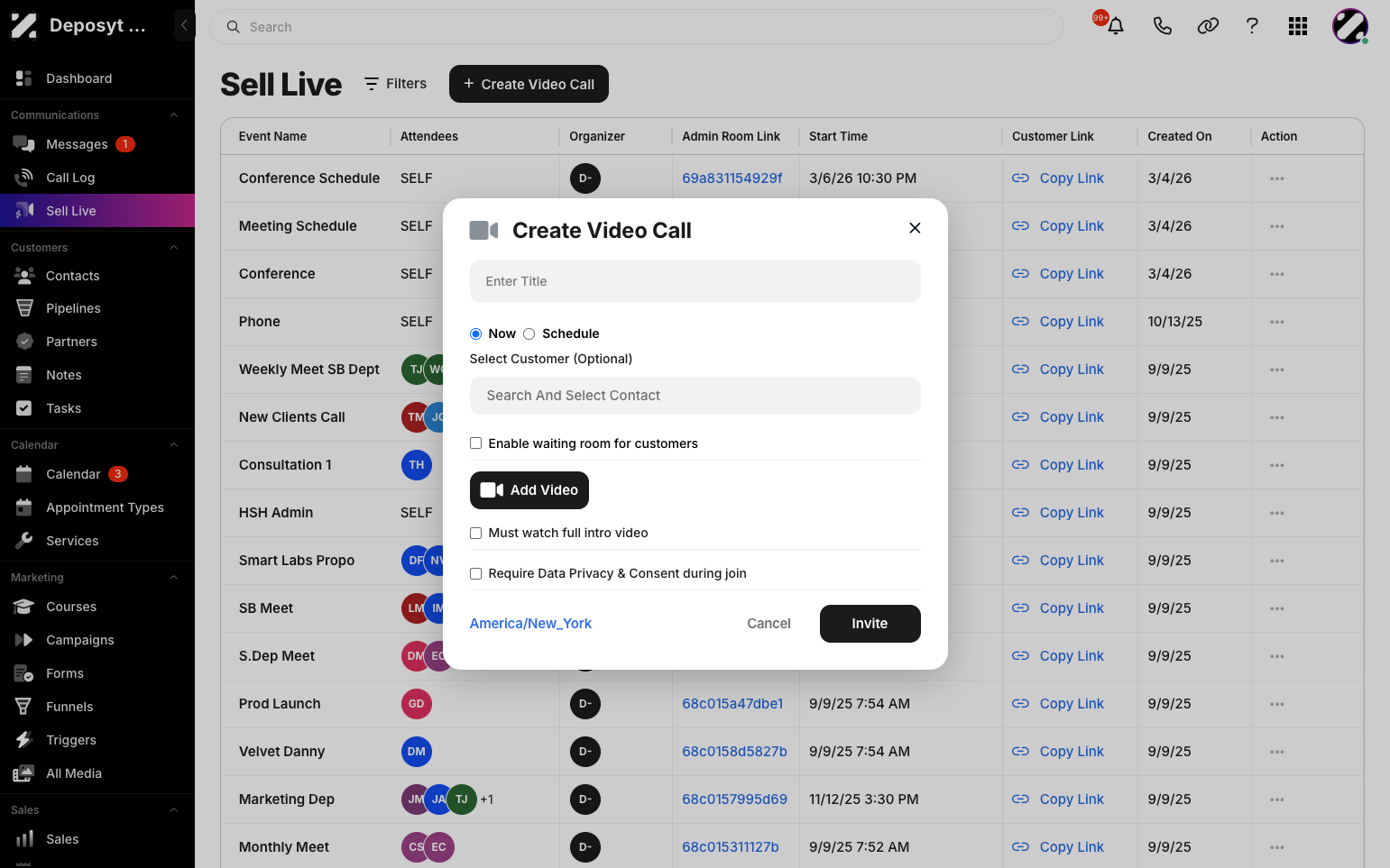 Step 3: A pop-up will appear. From here, you can enter the Video Call Title, create it now or schedule it, select a specific customer, enable the waiting room, ‘Require Data Privacy & Consent During Join’ option