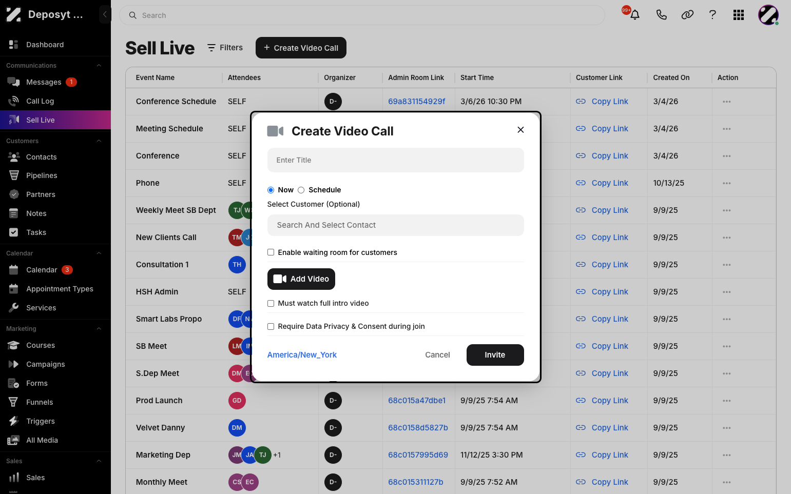 Step 3: A pop-up will appear. From here, you can enter the Video Call Title, create it now or schedule it, select a specific customer, enable the waiting room, ‘Require Data Privacy & Consent During Join’ option
