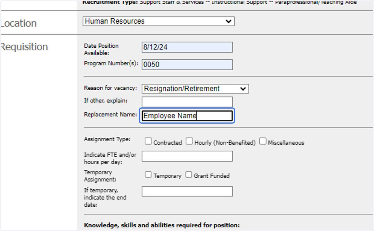Type Employee Name in replacement name field