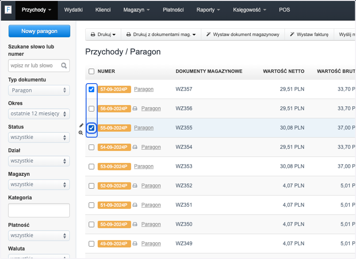 Chc膮c masowo wydrukowa膰 kilka paragon贸w, zaznacz checkbox przy odpowiednich dokumentach >