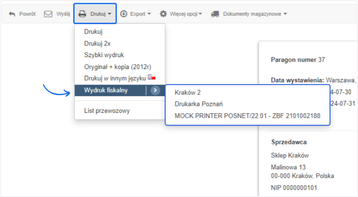 Je艣li masz zintegrowane kilka drukarek, wybierz z listy odpowiedni膮 drukark臋 do wydruku