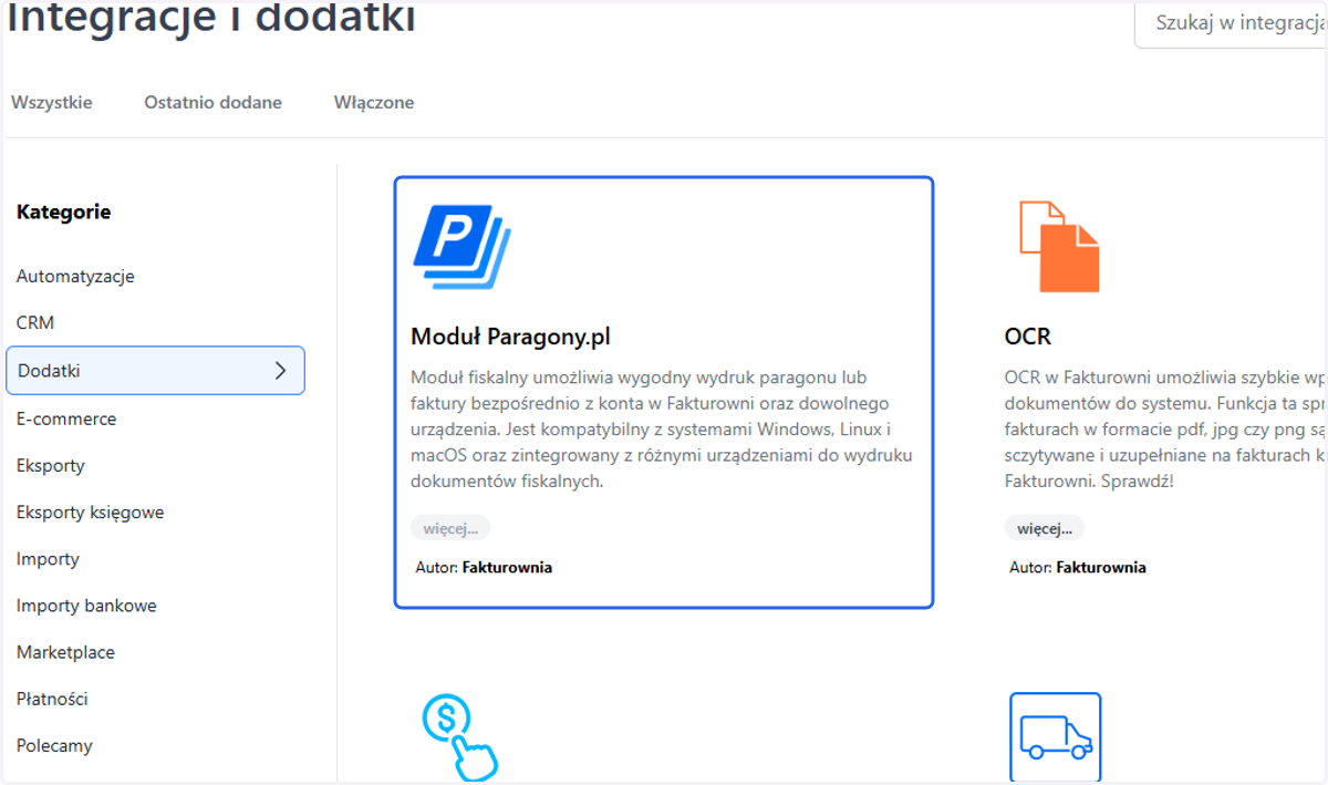 Na li艣cie integracji znajd藕 'Paragony.pl' korzystaj膮c z zak艂adki Dodatki w kategoriach lub wpisuj膮c nazw臋 integracji w polu wyszukiwania.