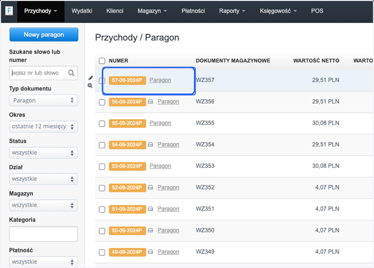 Wybierz paragon, kt贸ry chcesz wydrukowa膰 i przejd藕 do jego podgl膮du