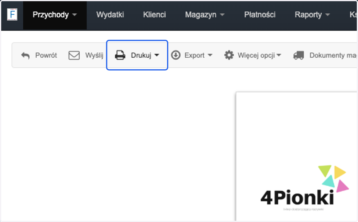 Z szarej belki u g贸ry ekranu wybierz > Drukuj >