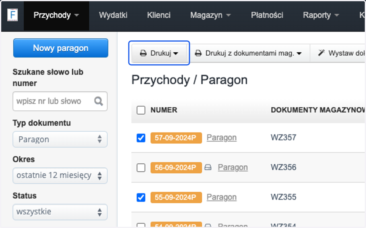 u g贸ry strony pojawi si臋 szara belka, wybierz z niej > Drukuj >