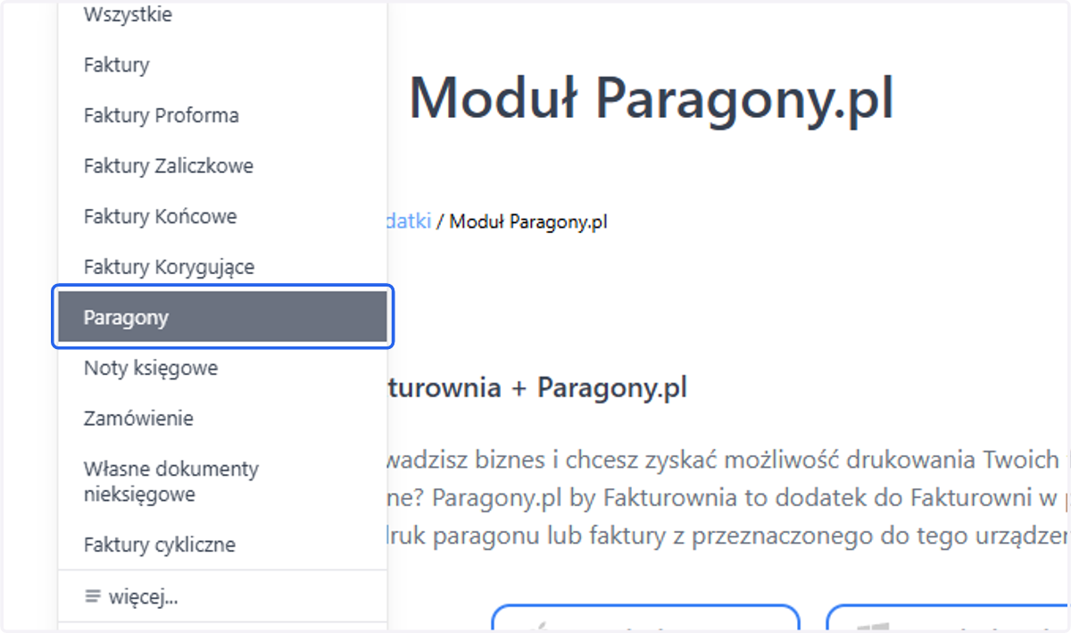 A nast臋pnie z listy wybierz 'Paragony'.