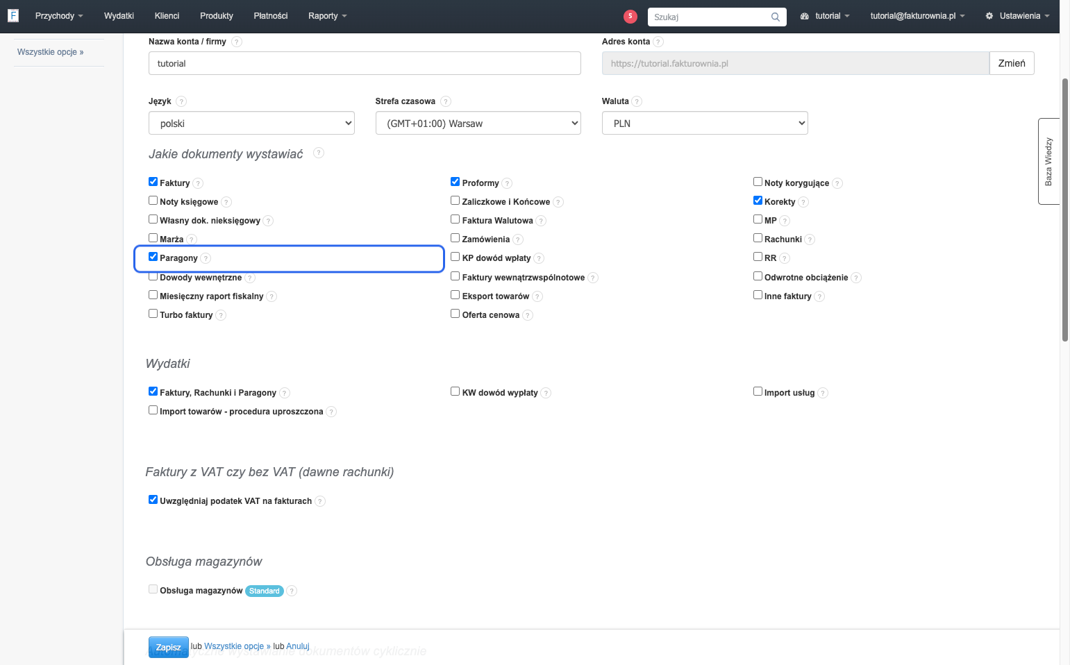 Na liście Jakie dokumenty wystawiać upewnij się, że masz włączone > Paragony