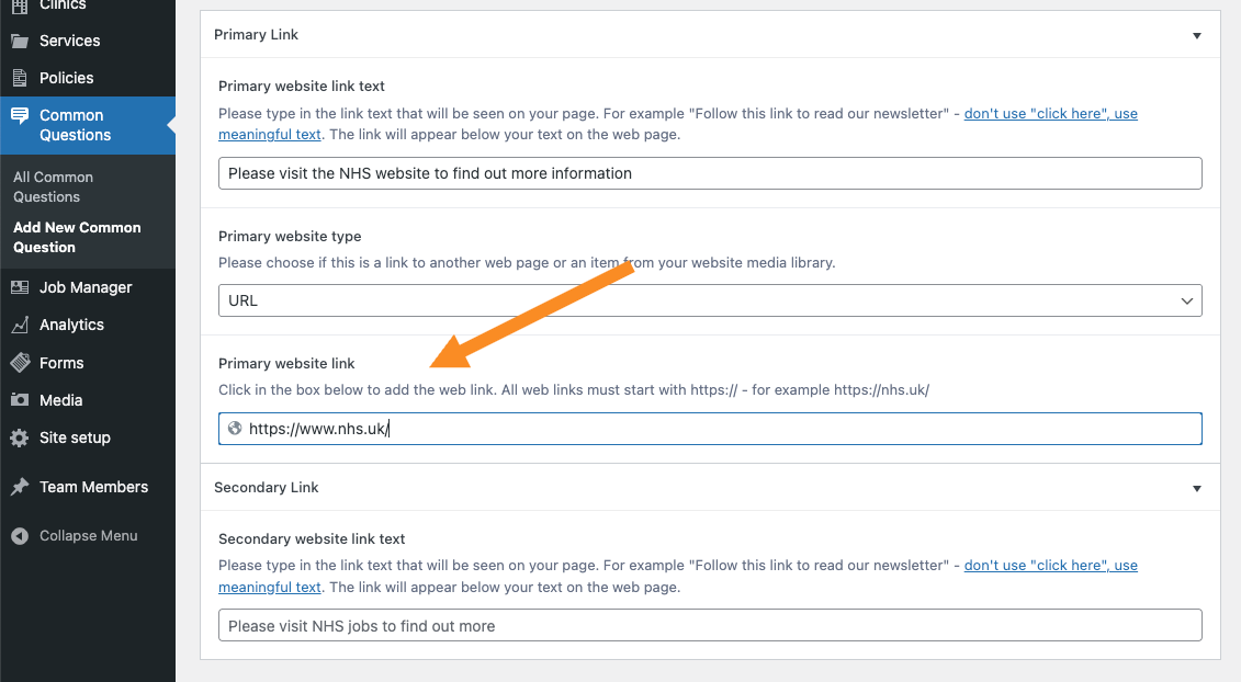 Add the website address into the Primary website link box
