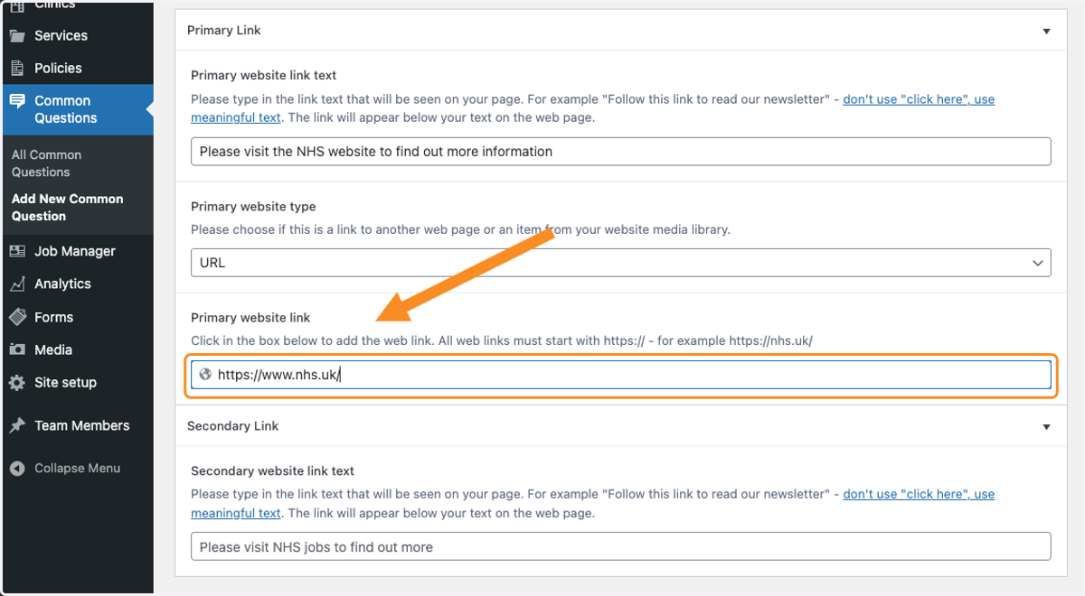 Add the website address into the Primary website link box
