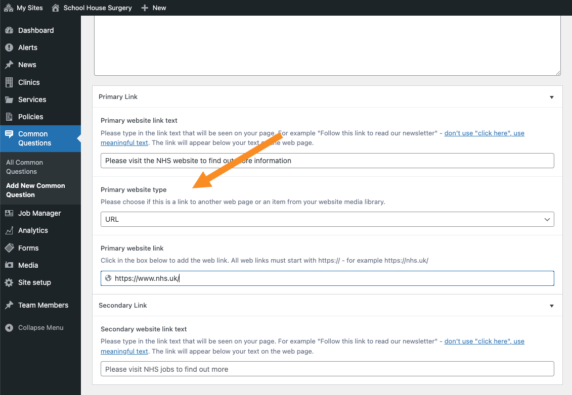 Select URL under Primary website type