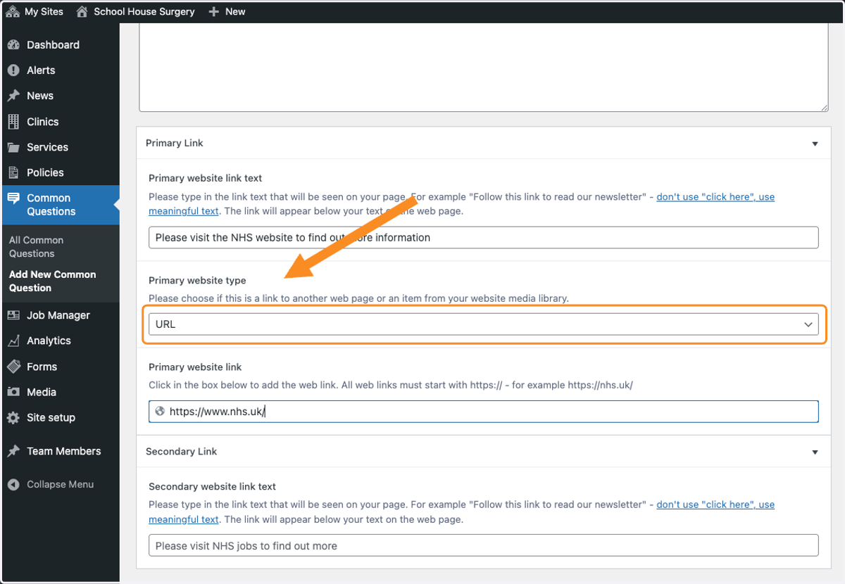 Select URL under Primary website type
