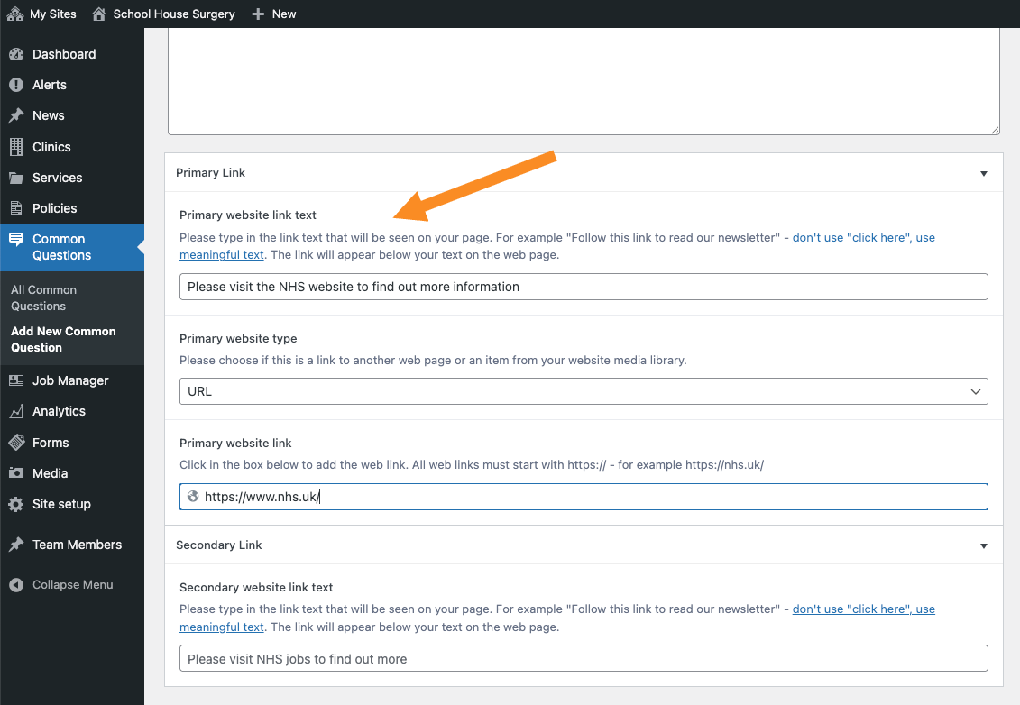 Add text to Primary website link text
