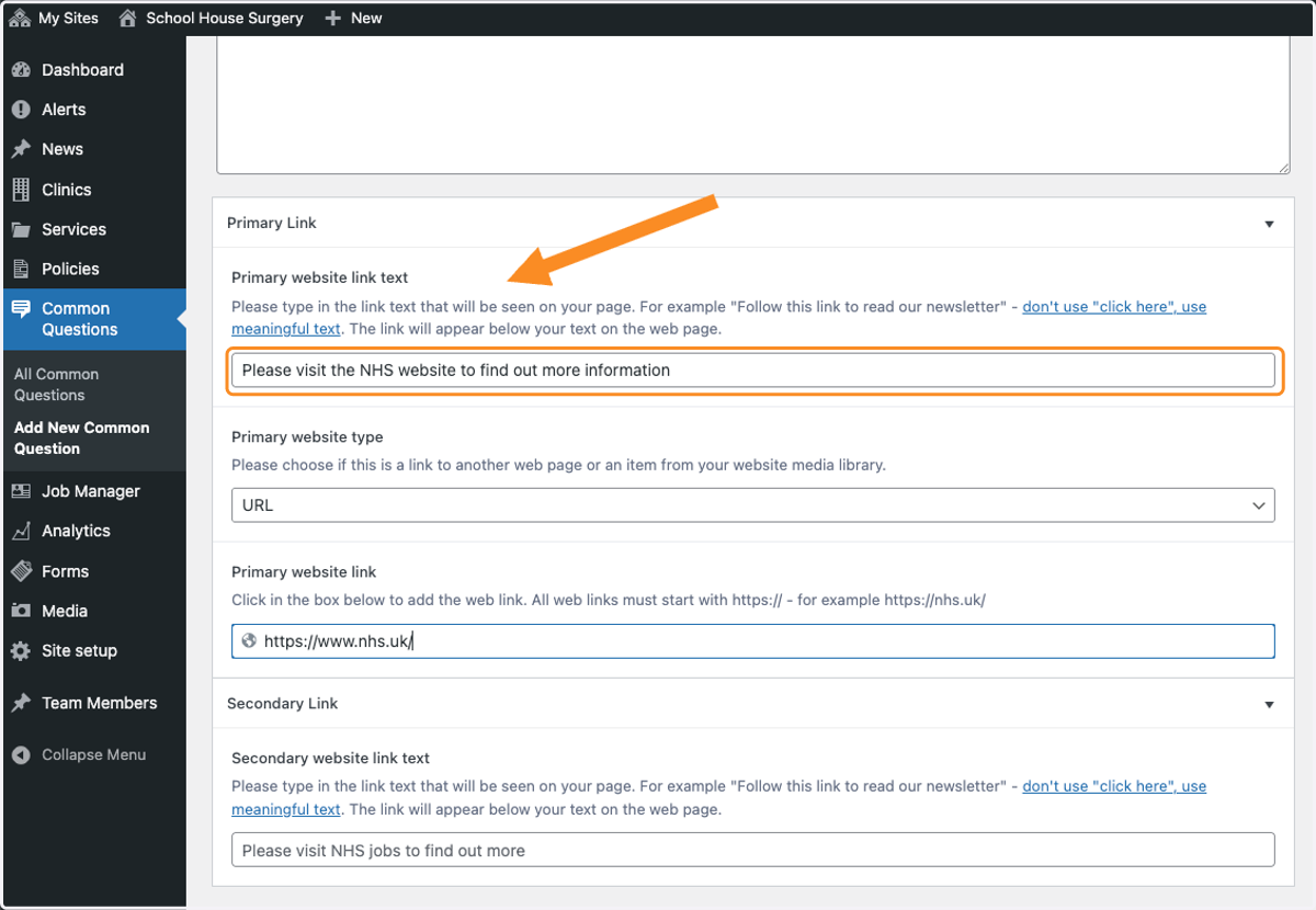 Add text to Primary website link text