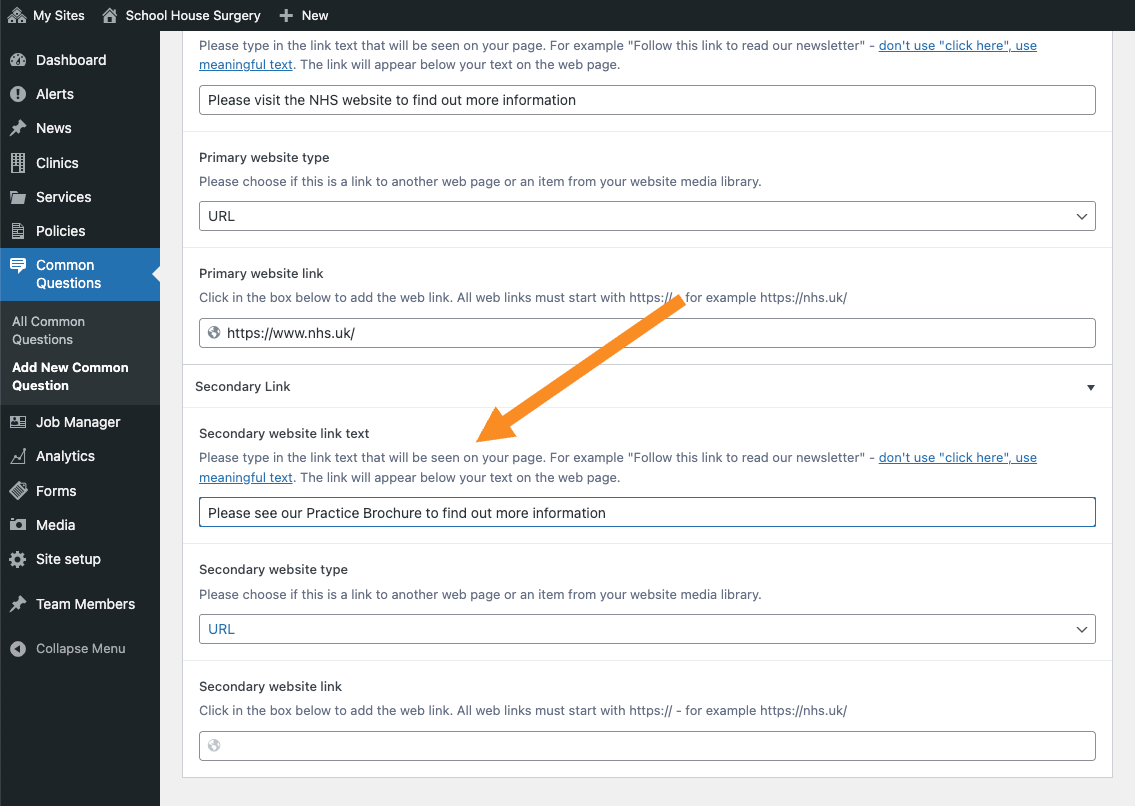 Add a Secondary website link text