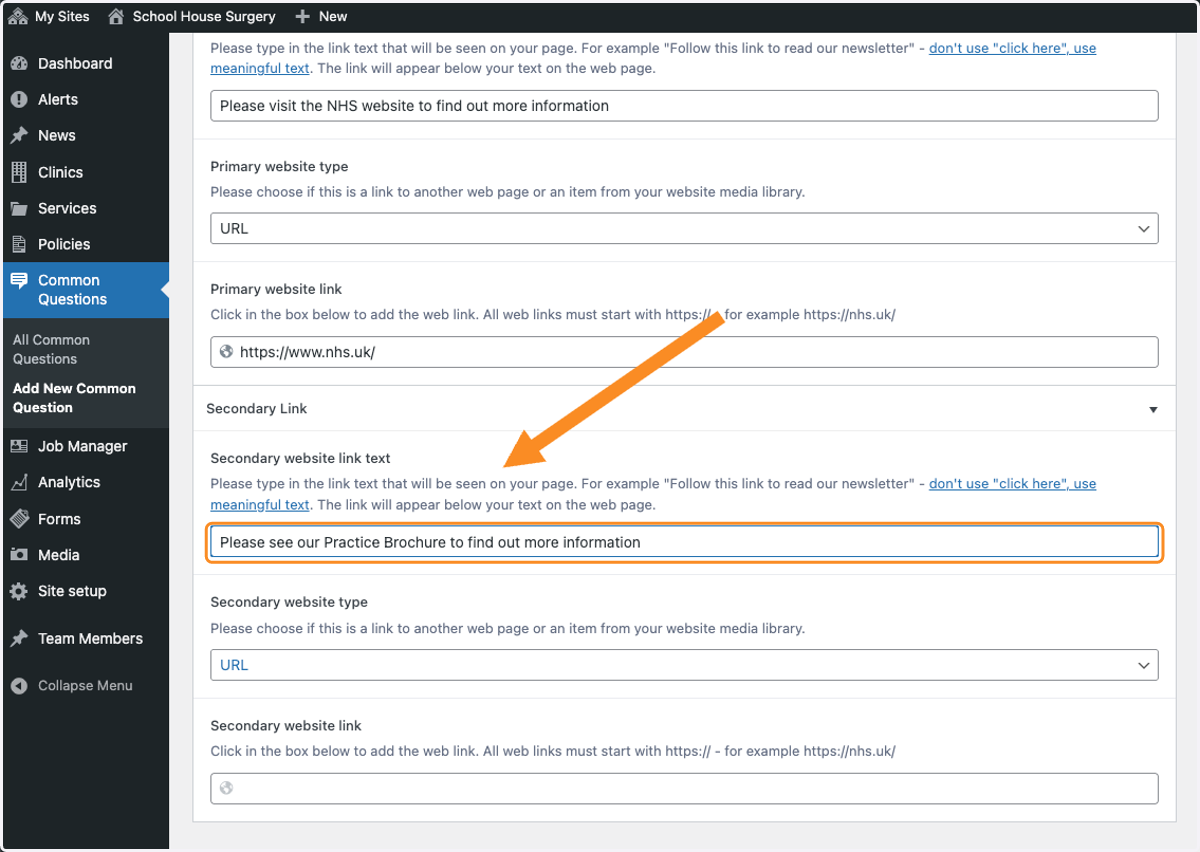 Add a Secondary website link text
