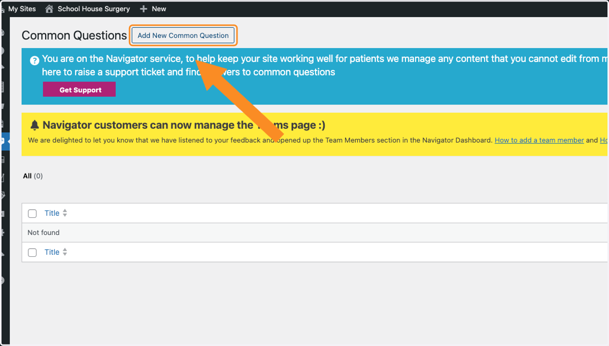 An arrow pointing to Add New Common Question
