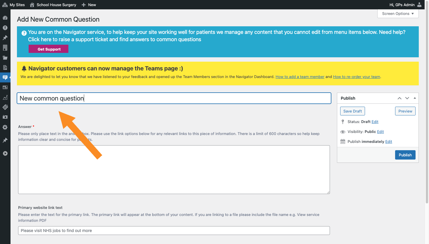 Arrow pointing to the title box to add new common question title text