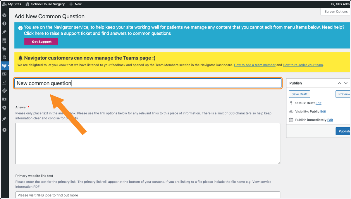 Arrow pointing to the title box to add new common question title text