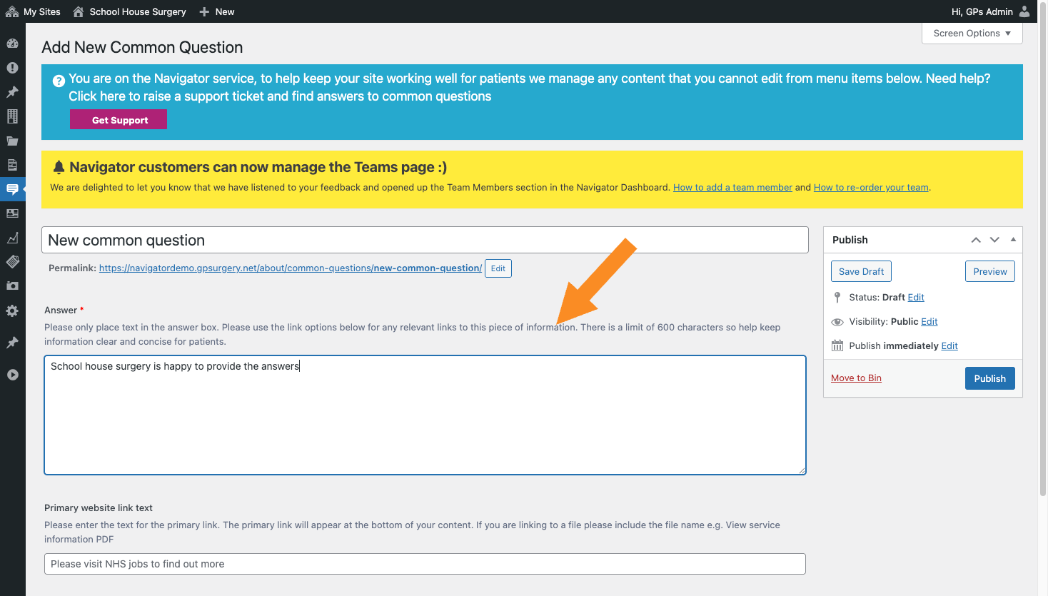 Arrow pointing to the answer box where you will add text