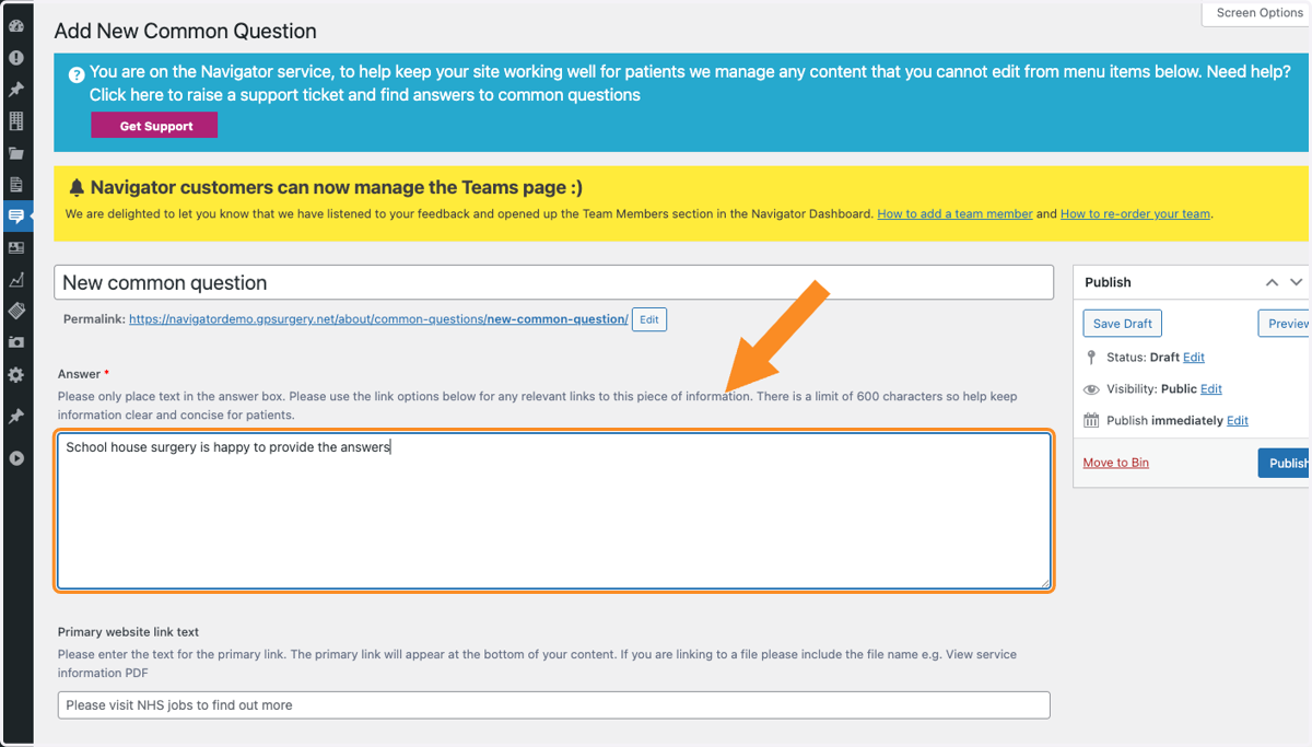 Arrow pointing to the answer box where you will add text