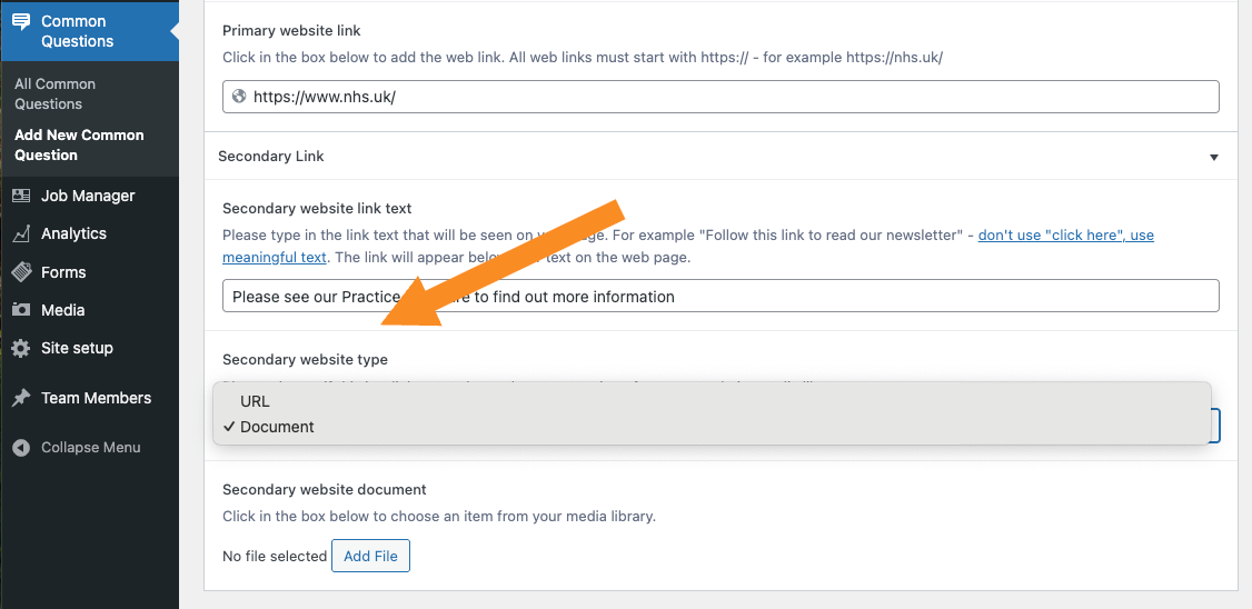 Select secondary website type