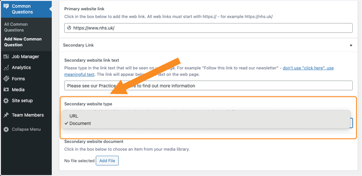 Select secondary website type