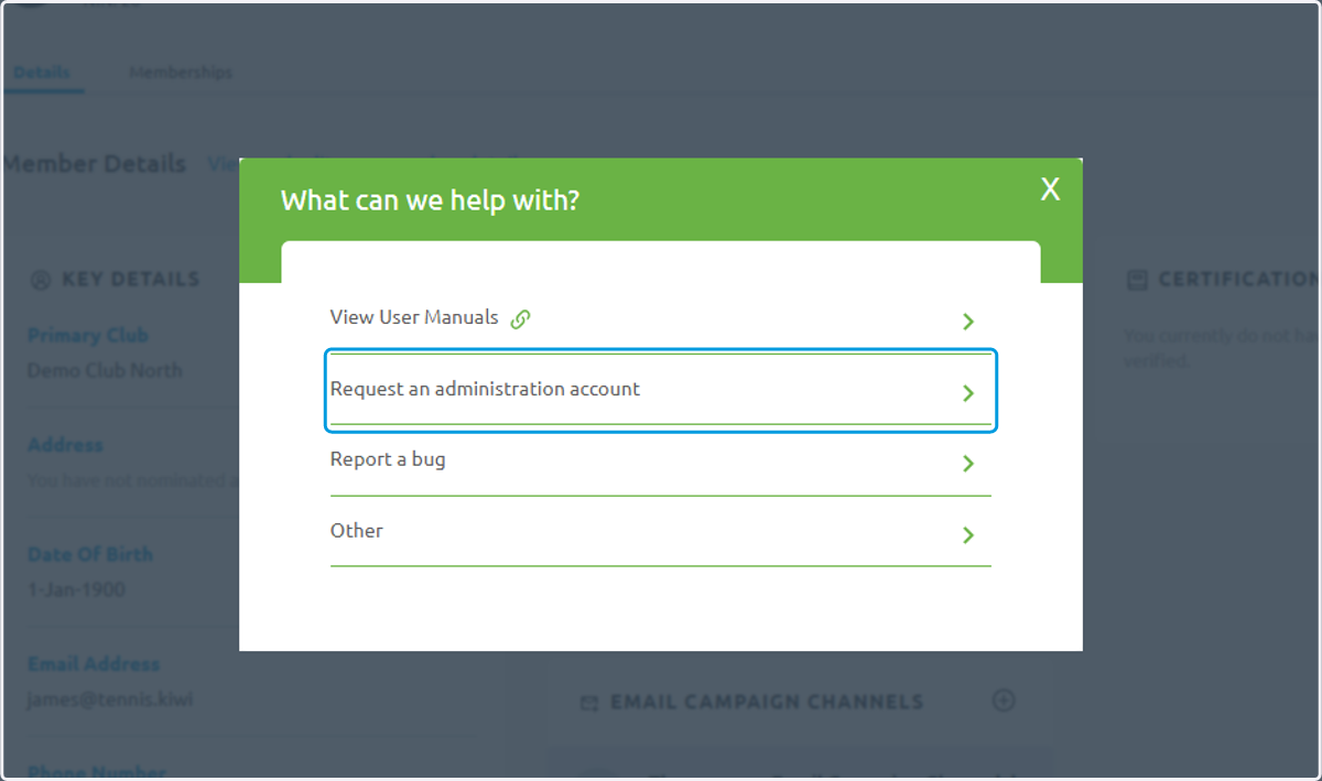 Click on Request an Administration account