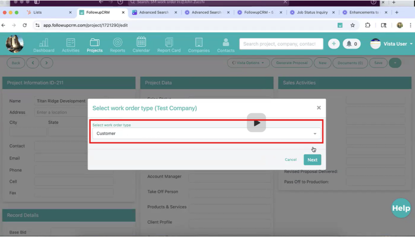 Select Work Order Type