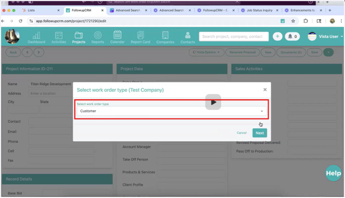 Select Work Order Type