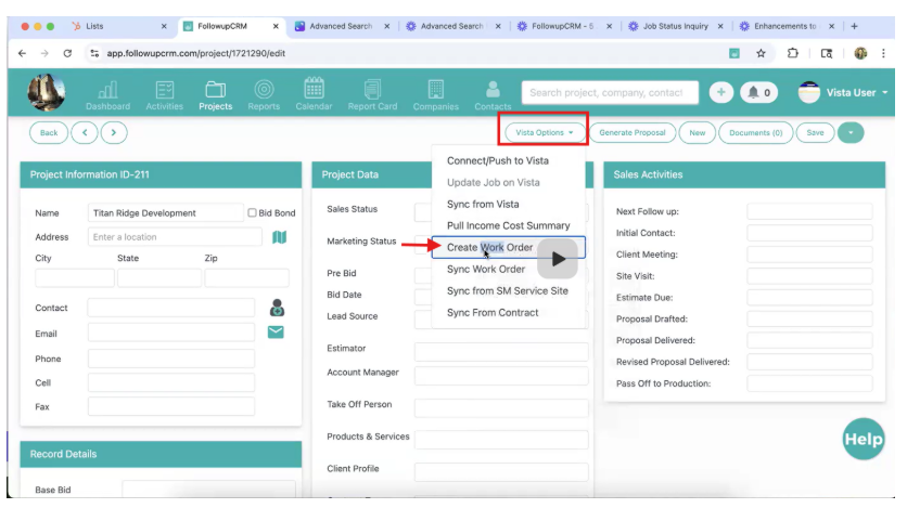 In Followup CRM, choose to create a new Work Order.