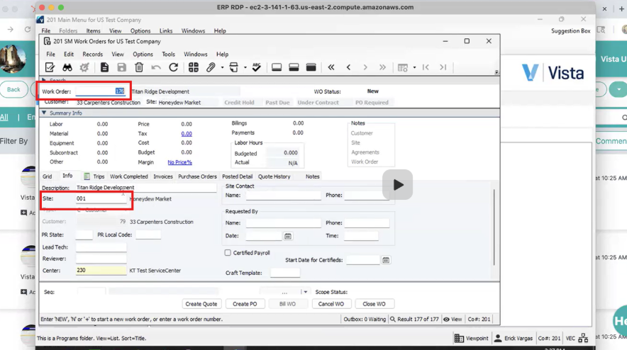 Verify the work order by searching it in Vista.