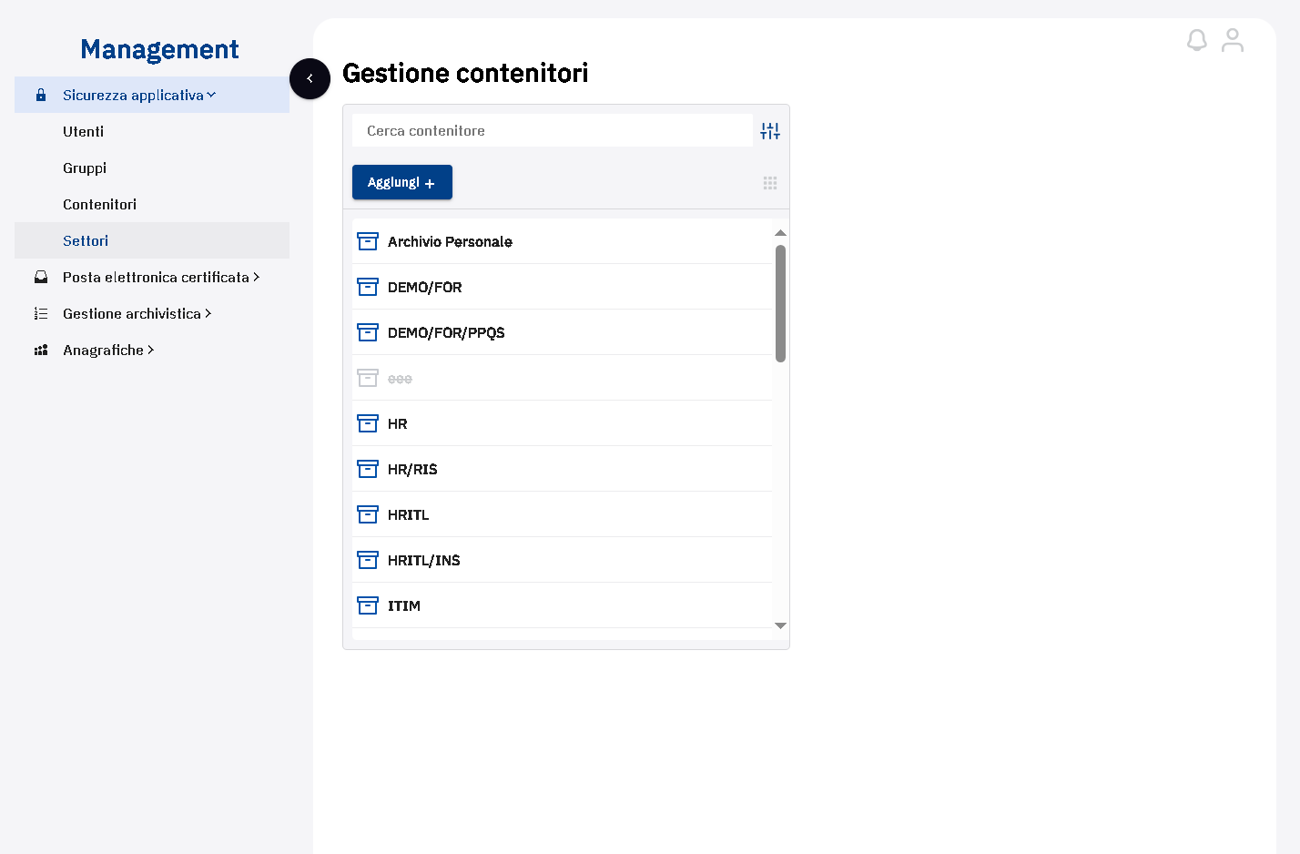 Cliccare sulla voce di menu "Settori"