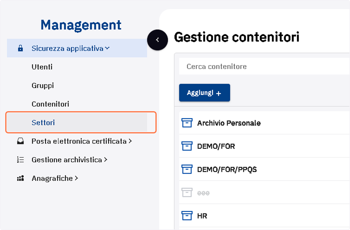 Cliccare sulla voce di menu "Settori"